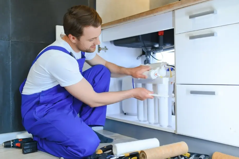 technician replacing RO filter cartridges in kitchen