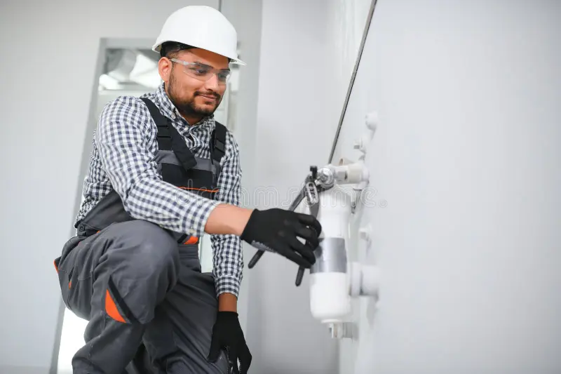 indian plumber installs change water filter 335062129