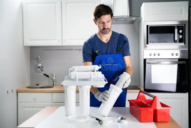 technician performing full servicing on RO system