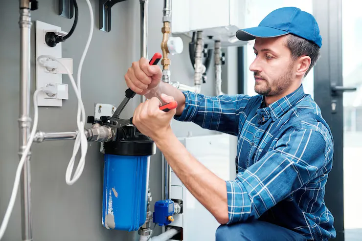 Home young plumber technician workwear using pliers while installing repairing system water filtration